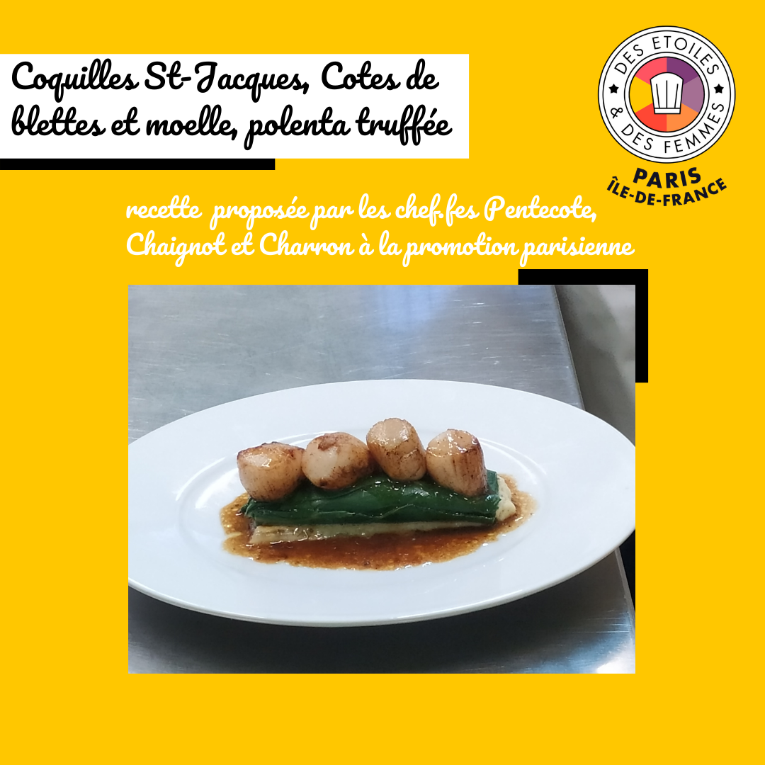 Coquilles St-Jacques, Cotes de blettes et moelle, polenta truffée