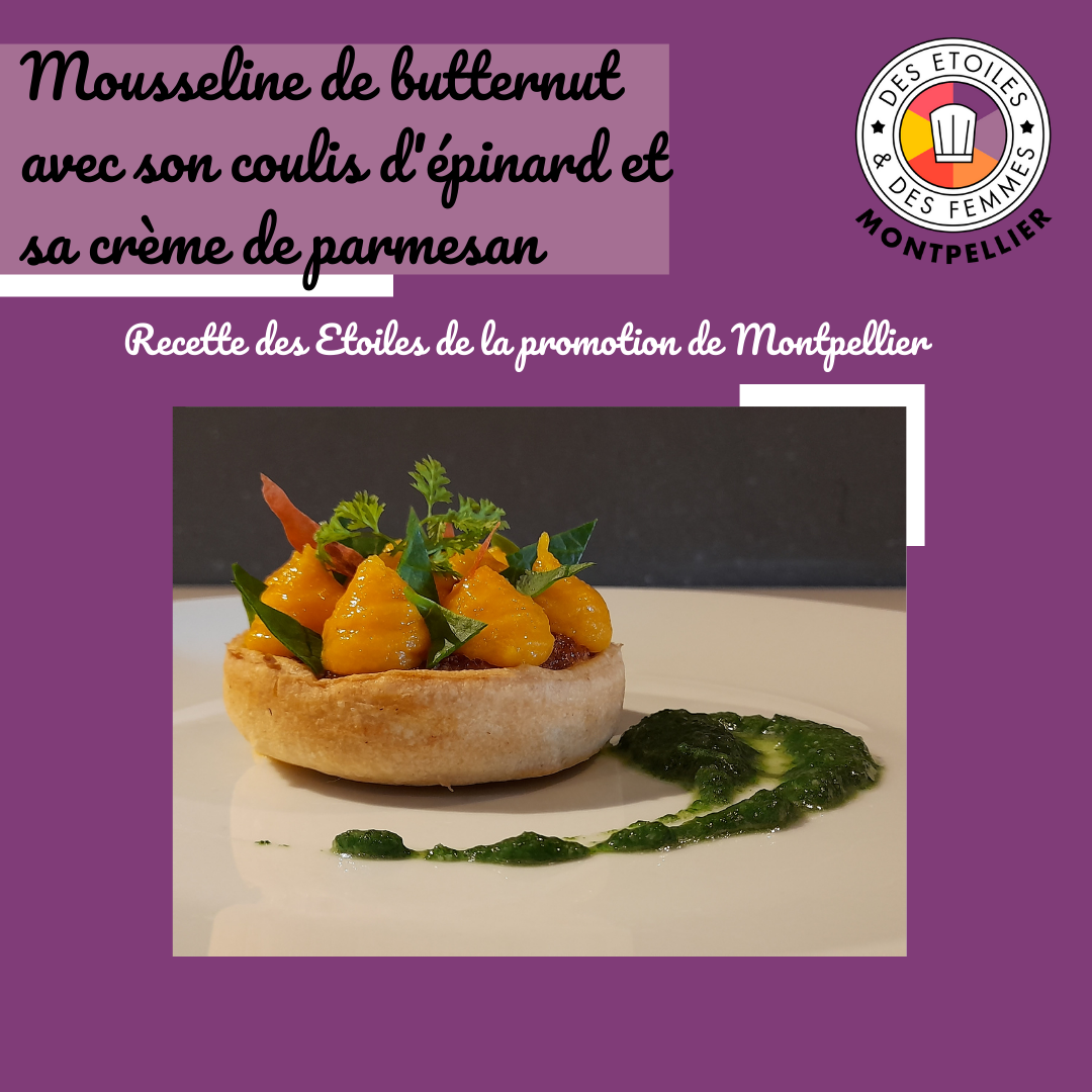 Mousseline de butternut avec son coulis d’épinard et sa crème de parmesan